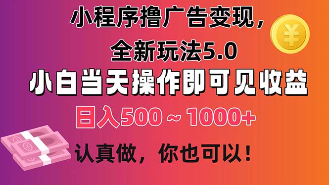 小程序撸广告变现，全新玩法5.0，小白当天操作即可上手，日收益 500~1000+-有道网创